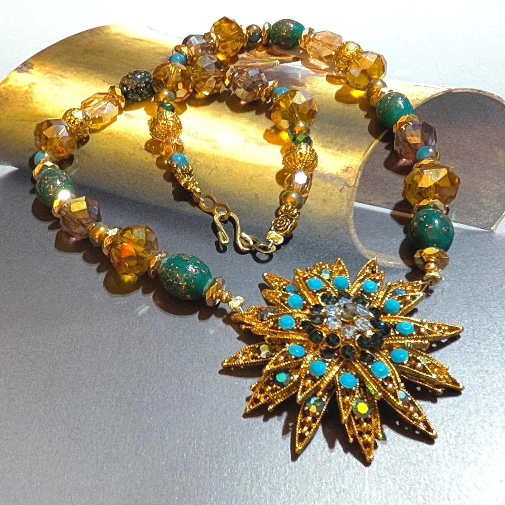 1950s Starburst Crystal, Rhinestone, Glass Beads, Necklace